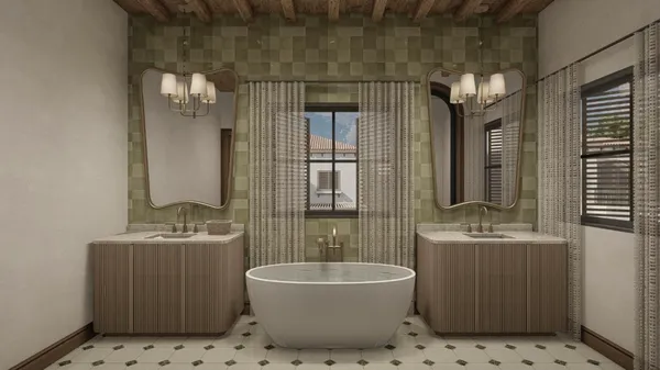 a bathroom with a granite countertop sink a toilet a mirror and bathtub
