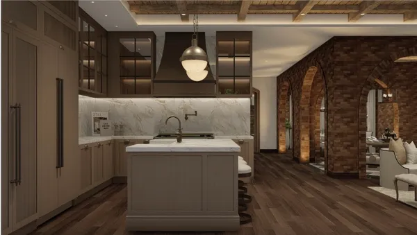 a kitchen with a sink and a refrigerator