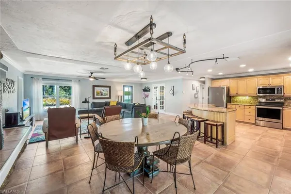 a view of a dining room with furniture