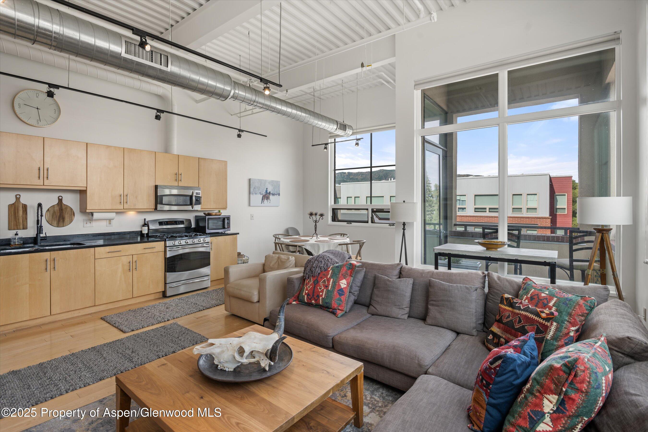 361 Robinson Street, Unit 308 Basalt, CO 81621 - Photo 9 of 23 a living room with furniture and a kitchen view