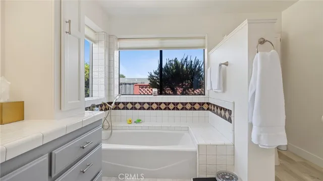 a bathroom with a bathtub and a shower