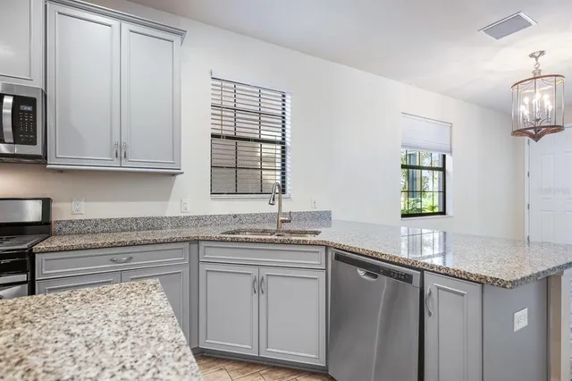 a street view with large trees