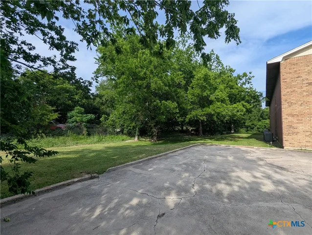 a view of a yard with plants and trees