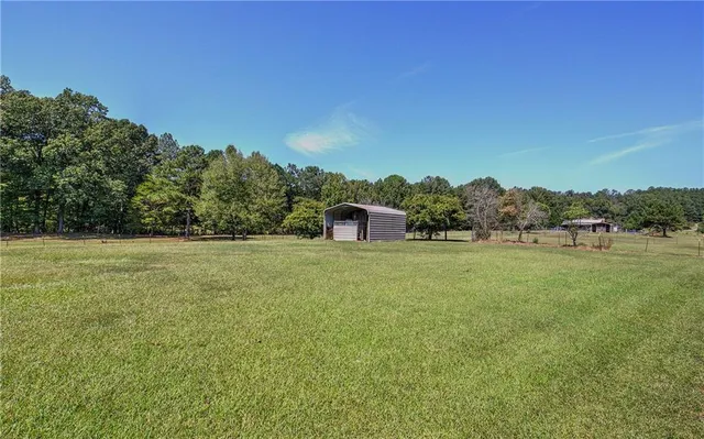 a view of a field with an trees