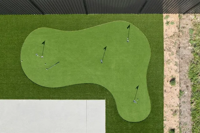 an aerial view of a swimming pool