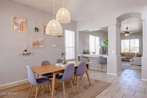 a view of a dining room with furniture