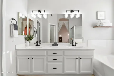 a bathroom with double vanity and a mirror