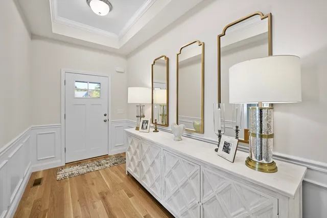 a spacious bathroom with a double vanity sink and a mirror