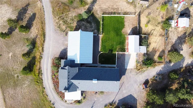an aerial view of a swimming pool