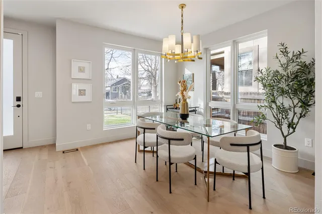 a view of a dining room with furniture window and outside view
