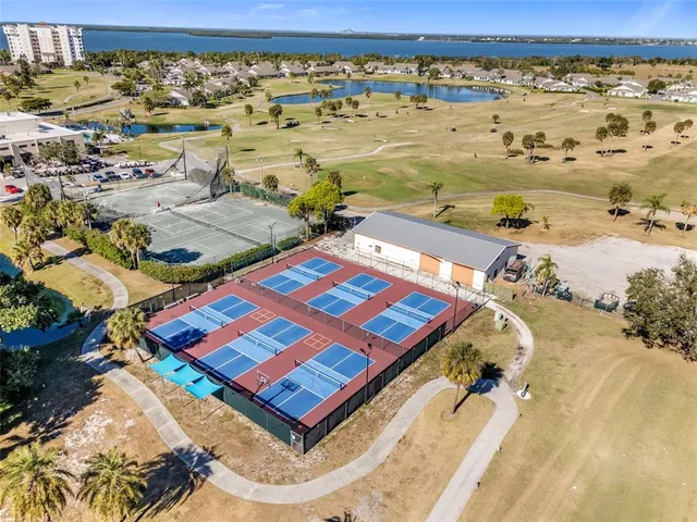 an aerial view of a swimming pool