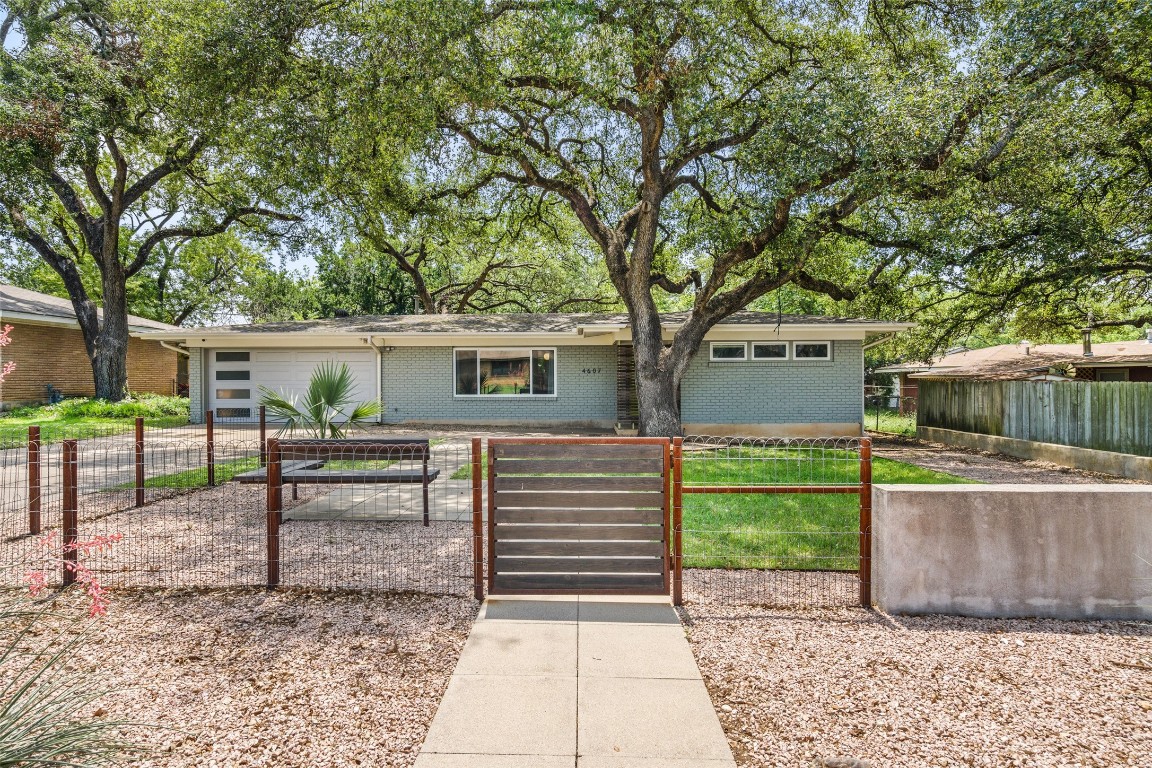 a view of backyard with wooden fence and a large tree