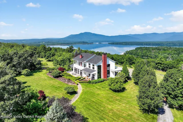 a view of a lake with a mountain in the background