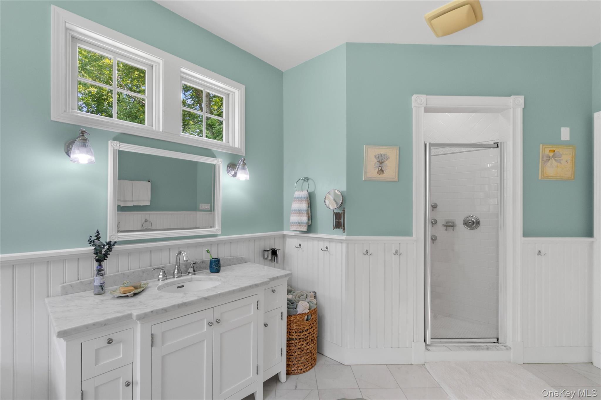 1081 East Mountain Road South Cold Spring, NY 10516 - Photo 26 of 50 White marble Countertop vanity, wainscoting