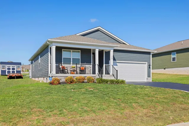 a view of a house with backyard and porch