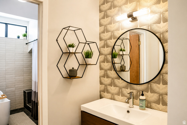 578 High Bench Road Alpine, UT 84004 - Photo 29 of 39 Bathroom featuring a single vanity with a white countertop and chrome faucet