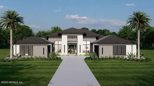 a front view of a house with a garden and plants