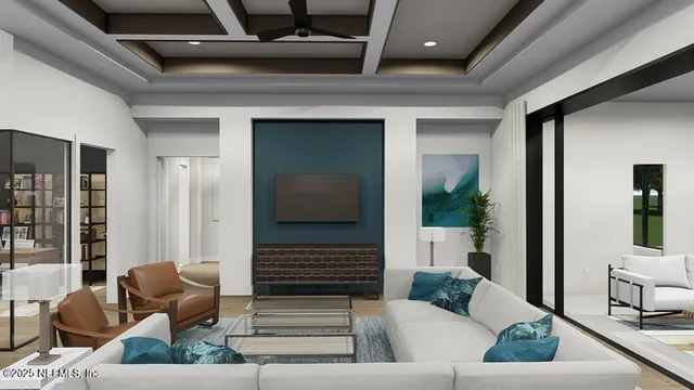 a living room with furniture and a potted plant