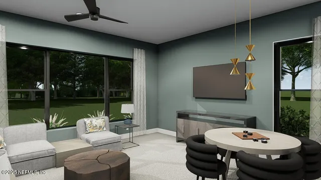 a view of a living room and dining room