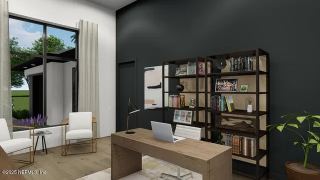 a living room with furniture a rug and a bookshelf