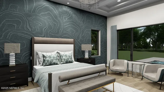 a bedroom with a bed and a couch