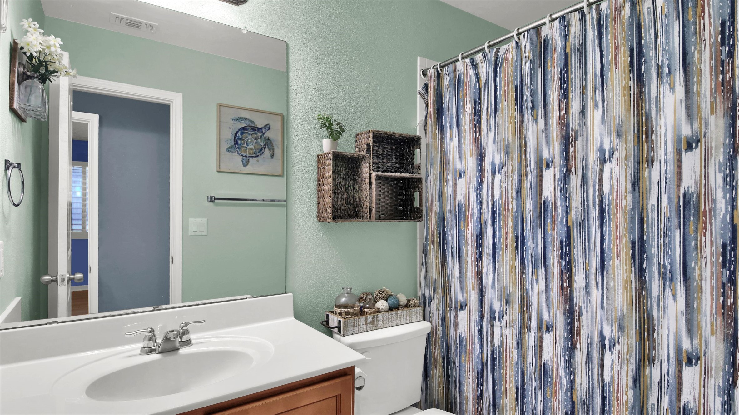 18005 Moreto Loop Pflugerville, TX 78660 - Photo 17 of 25 Bathroom with curtained shower, vanity, and a textured wall