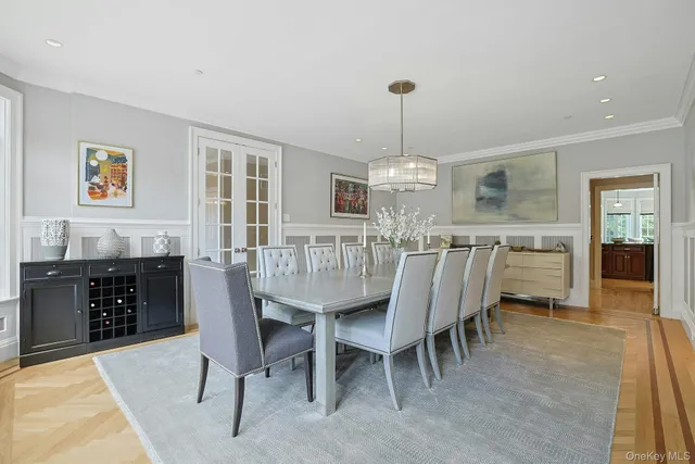 a view of a dining room with furniture window and outside view