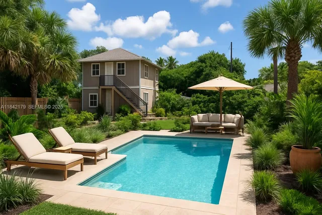 a view of a patio with couches table and chairs under an umbrella with palm trees