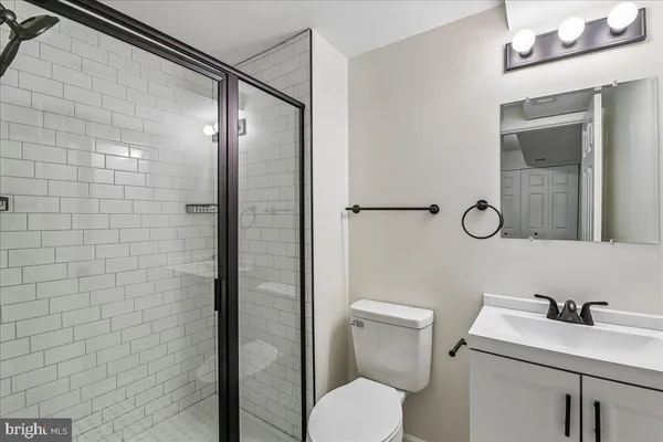 a bathroom with a toilet sink vanity and shower