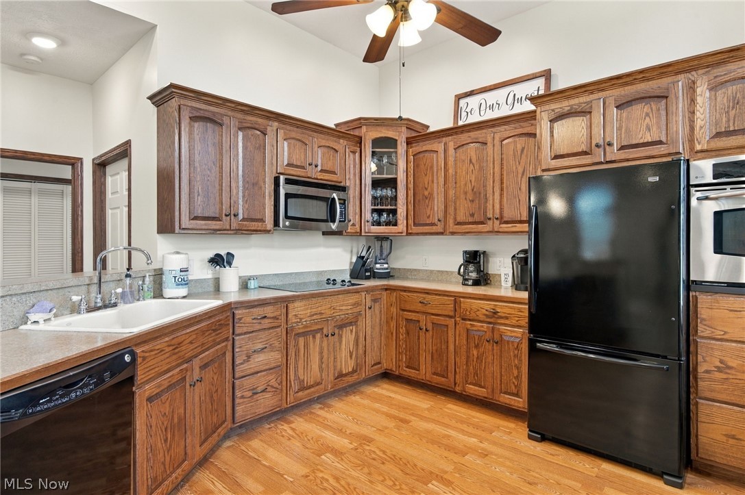 42764 Russia Road Elyria, OH 44035 - Photo 19 of 50 Kitchen featuring wood-finish cabinetry, stainless steel appliances, a large sink, wood-finish flooring, and a ceiling fan