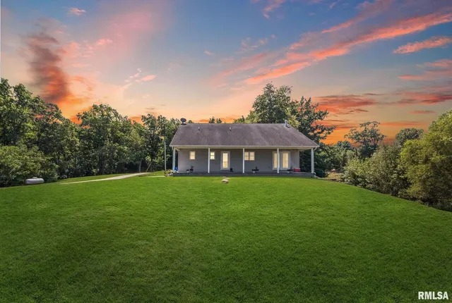 a view of a big house with a big yard potted plants and large tree