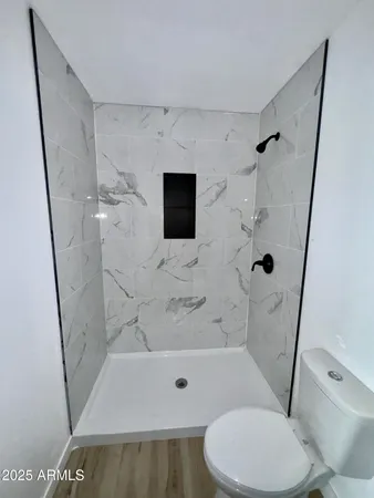 a bathroom with a toilet and a shower
