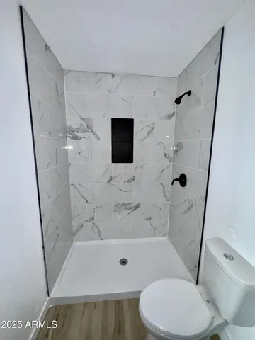 a bathroom with a toilet and a shower