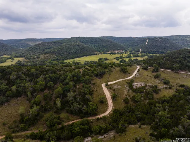 an aerial view of a residential houses with outdoor space and trees