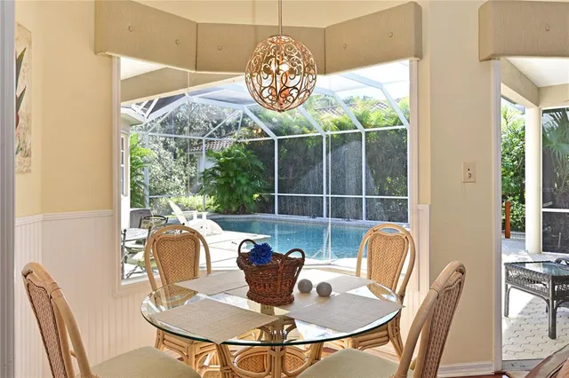 a view of a dining room with furniture window and outside view