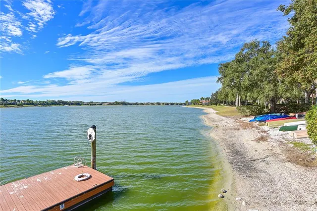 a view of a lake with a yard