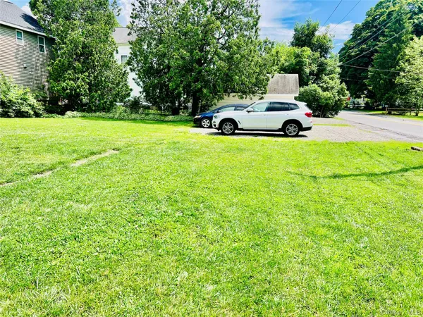 a view of a garden with a slide