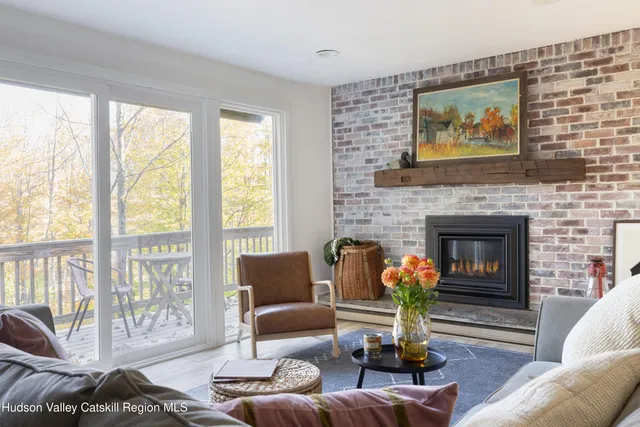 a living room with furniture potted plant and a fireplace