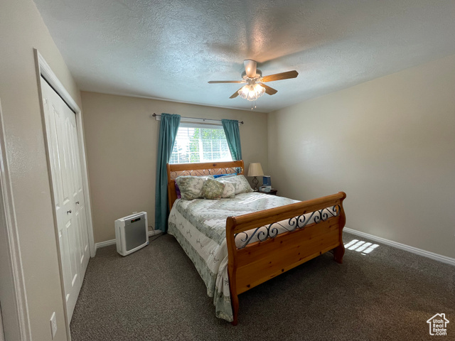 11473 South Dempsey Creek Road Lava Hot Springs, ID 83246 - Photo 17 of 47 Bedroom featuring carpet floors, a textured ceiling, a closet, and ceiling fan