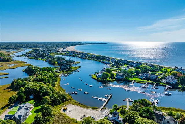 an aerial view of a house with a garden