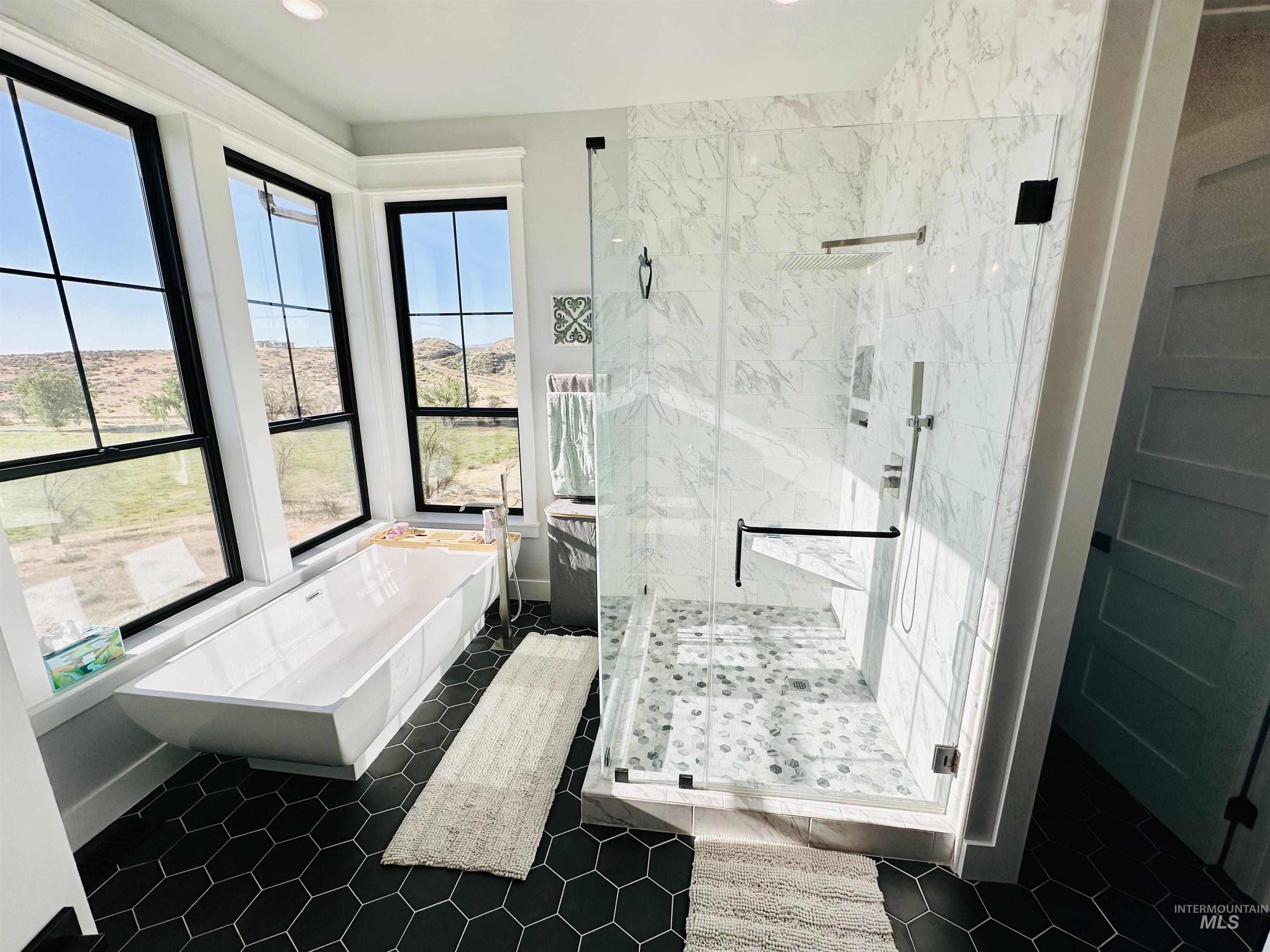 876 Coyote Gulch Road Adrian, OR 97901 - Photo 20 of 50 Contemporary bathroom featuring a freestanding soaking tub, a spacious glass-enclosed shower with marble-look wall tiling and a built-in bench, and black hexagonal floor tiles