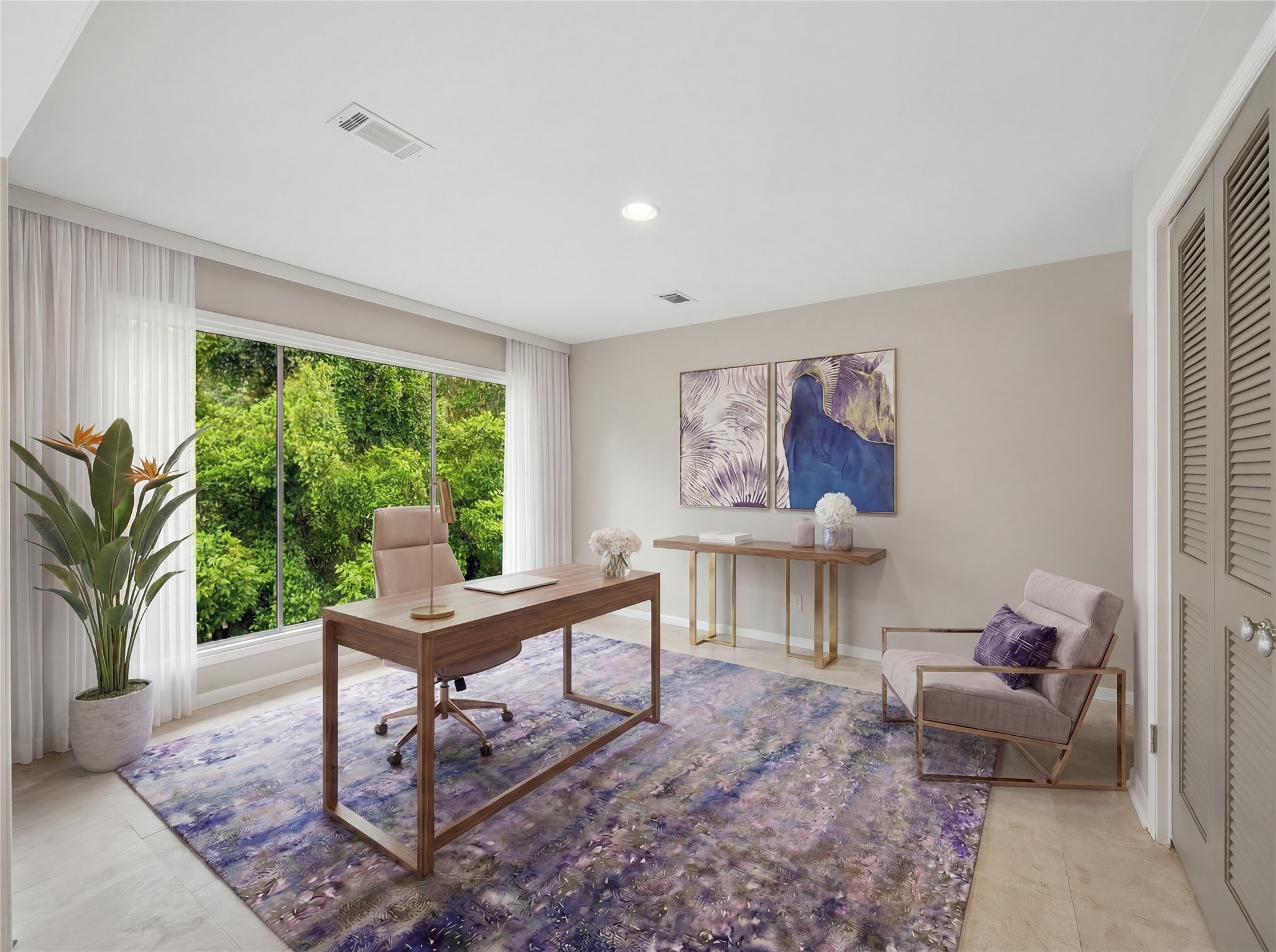 6659 Bayou Glen Road Houston, TX 77057 - Photo 3 of 23 VIRTUALLY STAGED. The home office has the same incredible views with floor-to-ceiling windows and gorgeous travertine floors and flows seamlessly into the living room.