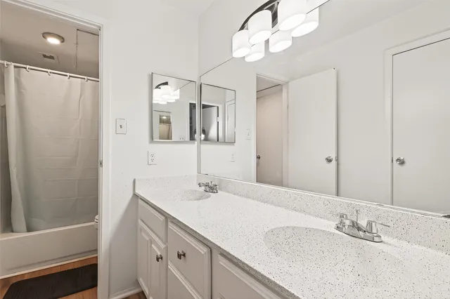 a bathroom with a sink a mirror and a shower