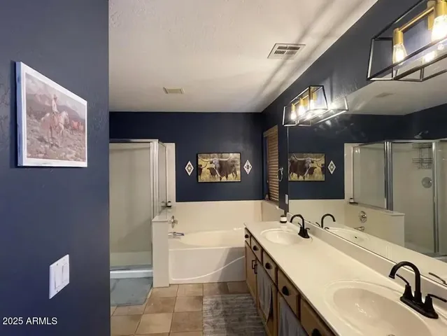 a bathroom with a sink double vanity and a tub