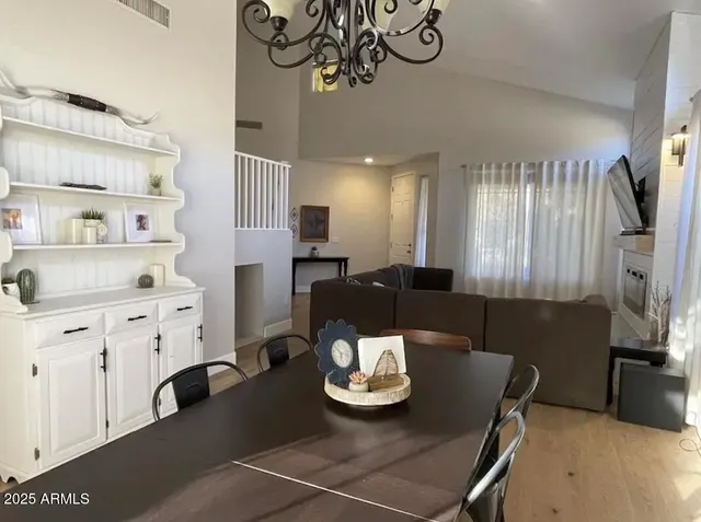 a view of a dining room with furniture