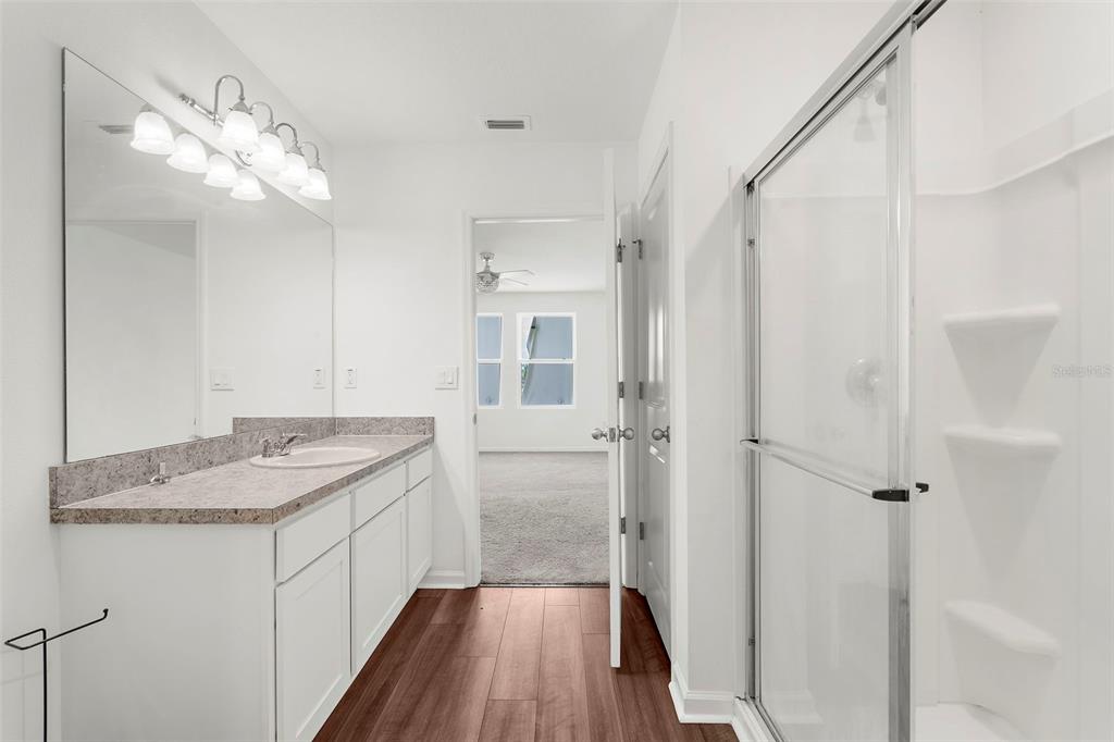 1038 Kelly Fern Loop Ruskin, FL 33570 - Photo 21 of 34 a bathroom with a granite countertop sink a mirror and shower