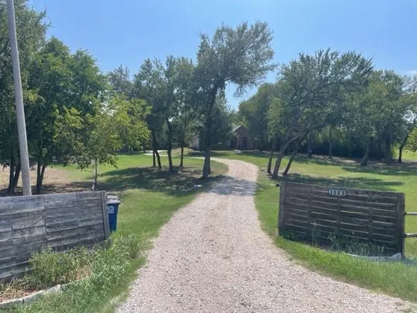 a view of a park with large trees