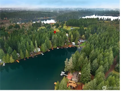 an aerial view of a house with yard and outdoor seating