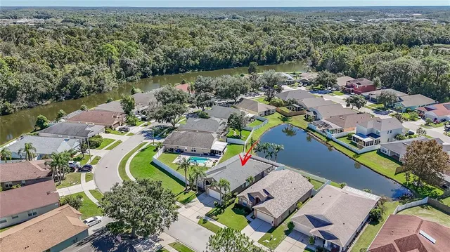 an aerial view of a houses with a swimming pool