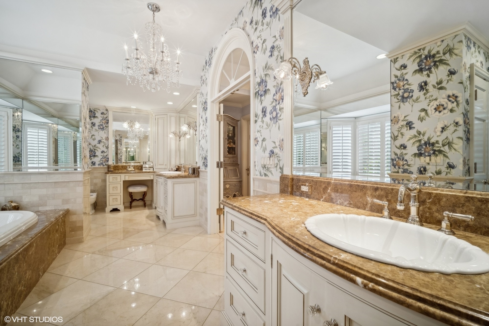1214 Turicum Road Lake Forest, IL 60045 - Photo 20 of 37 a spacious bathroom with a granite countertop sink a mirror and a shower